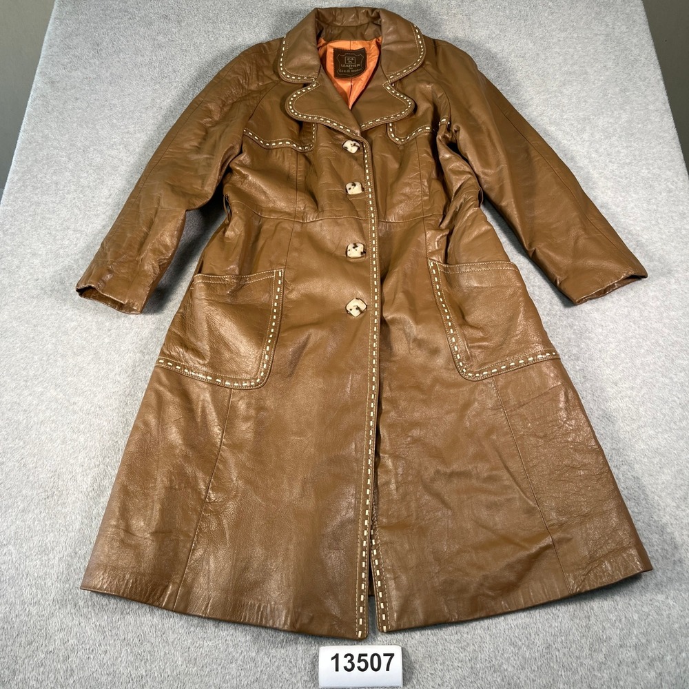 Vintage Dan Di Modes Leather Coat Women 18 Brown Good Whipstitch Trench 13507